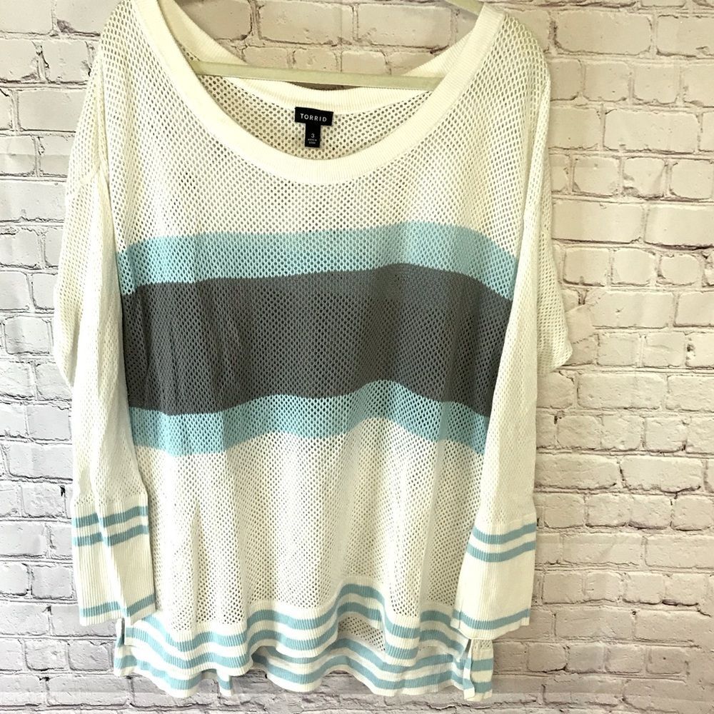 TORRID Crochet Open Weave Stripe Longsleeve Scoop Neck Coastal Beach Top Size 3X